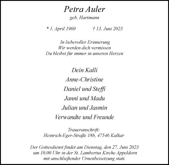 Traueranzeige von Petra Auler von Tageszeitung