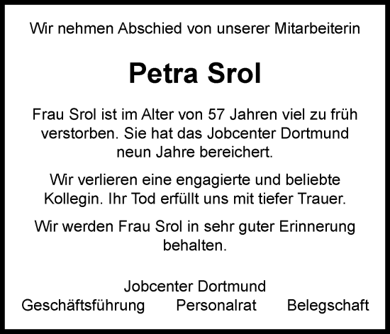 Traueranzeige von Petra Srol von Tageszeitung