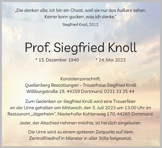Traueranzeige von Prof. Siegfried Knoll von Tageszeitung