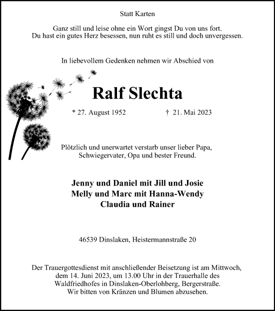 Traueranzeige von Ralf Slechta von Tageszeitung