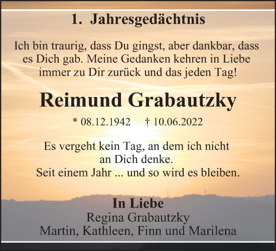 Traueranzeige von Reimund Grabautzky von Tageszeitung