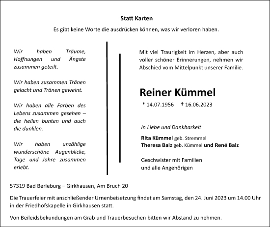 Traueranzeige von Reiner Kümmel von Tageszeitung