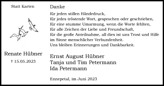 Traueranzeige von Renate Hübner von Tageszeitung