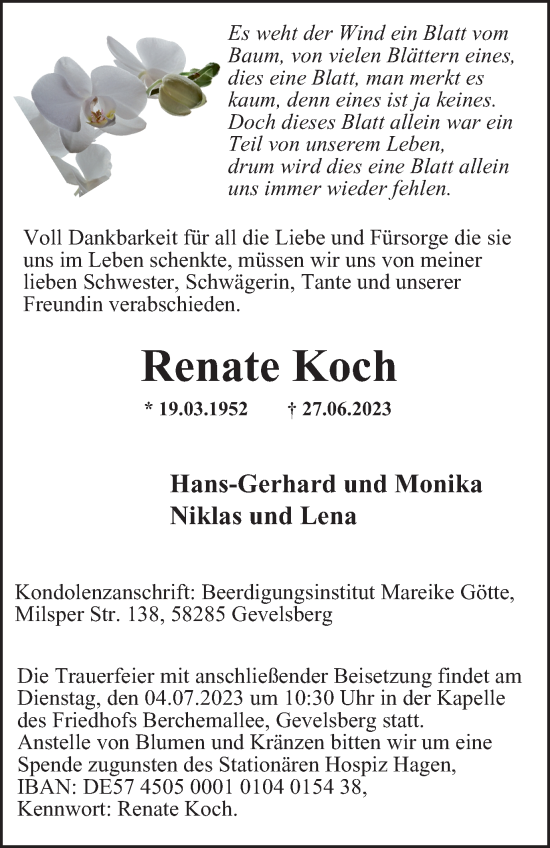 Traueranzeige von Renate Koch von Tageszeitung