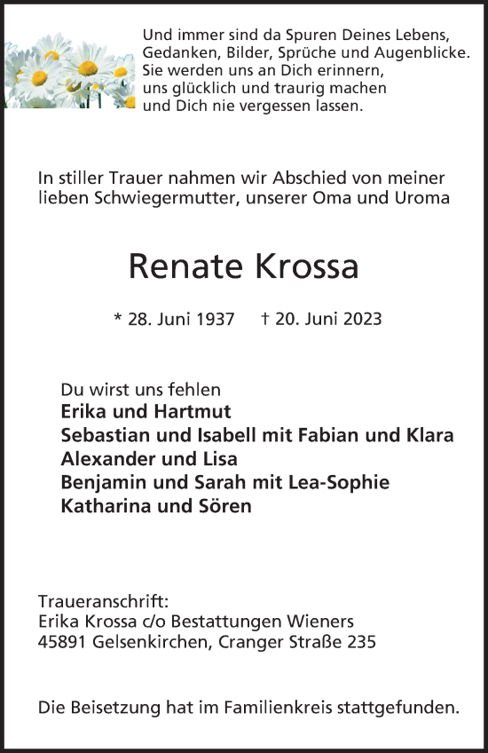Traueranzeige von Renate Krossa von Tageszeitung