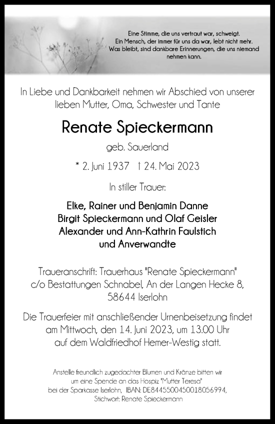 Traueranzeige von Renate Spieckermann von Tageszeitung
