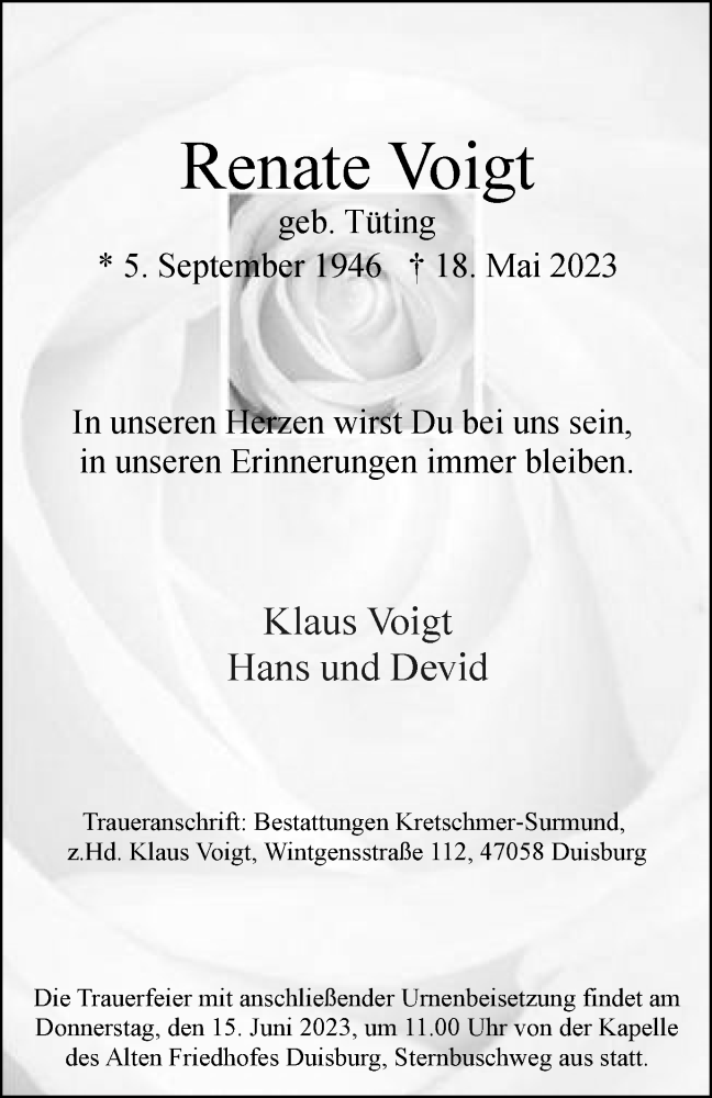  Traueranzeige für Renate Voigt vom 08.06.2023 aus Tageszeitung