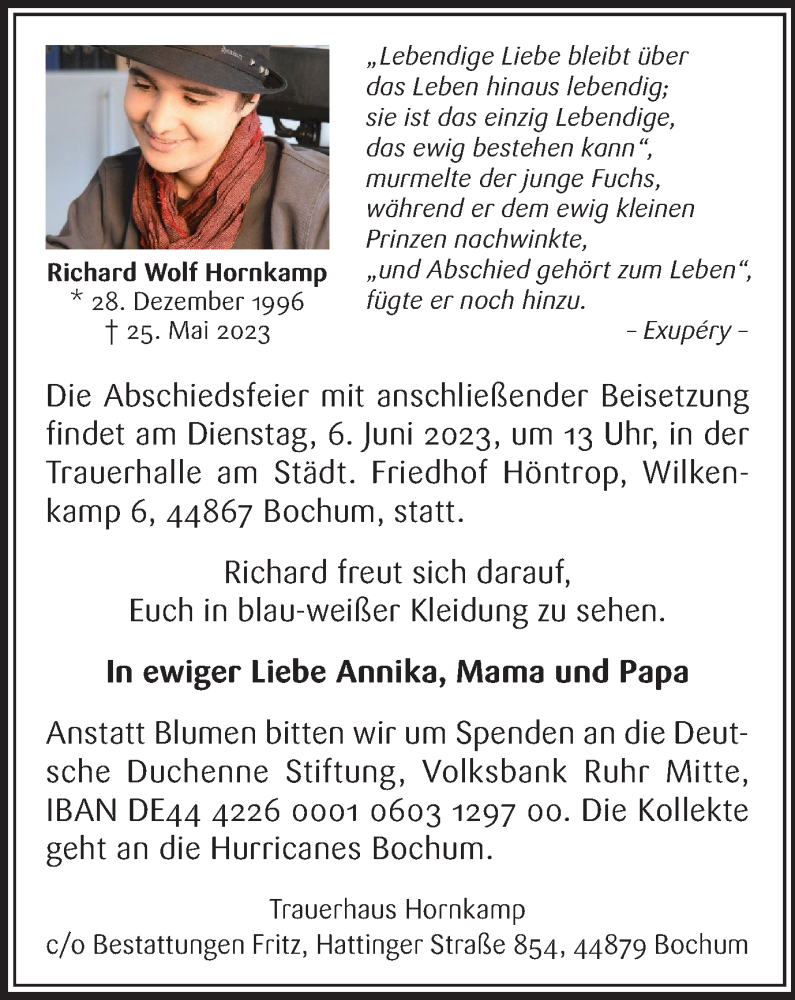  Traueranzeige für Richard Wolf Hornkamp vom 02.06.2023 aus Tageszeitung