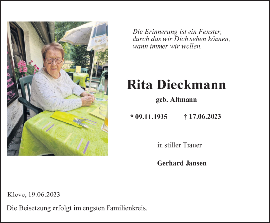 Traueranzeige von Rita Dieckmann von Tageszeitung