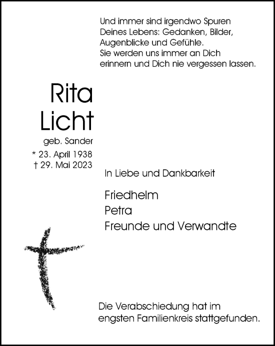 Traueranzeige von Rita Licht von Tageszeitung