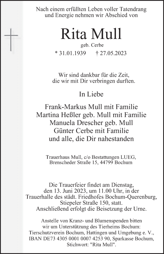 Traueranzeige von Rita Mull von Tageszeitung