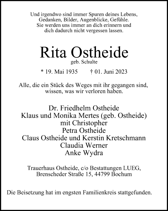 Traueranzeige von Rita Ostheide von Tageszeitung