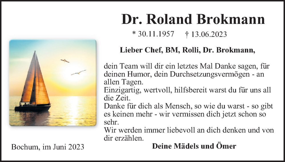  Traueranzeige für Roland Brokmann vom 24.06.2023 aus Tageszeitung