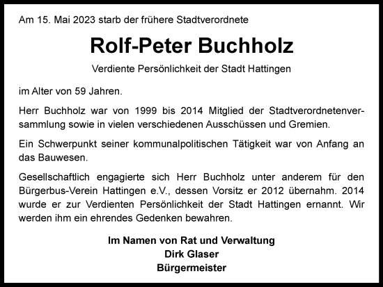 Traueranzeige von Rolf-Peter Buchholz von Tageszeitung