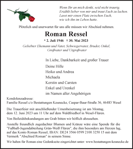 Traueranzeige von Roman Ressel von Tageszeitung