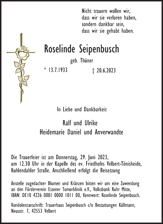 Traueranzeige von Roselinde Seipenbusch von Tageszeitung