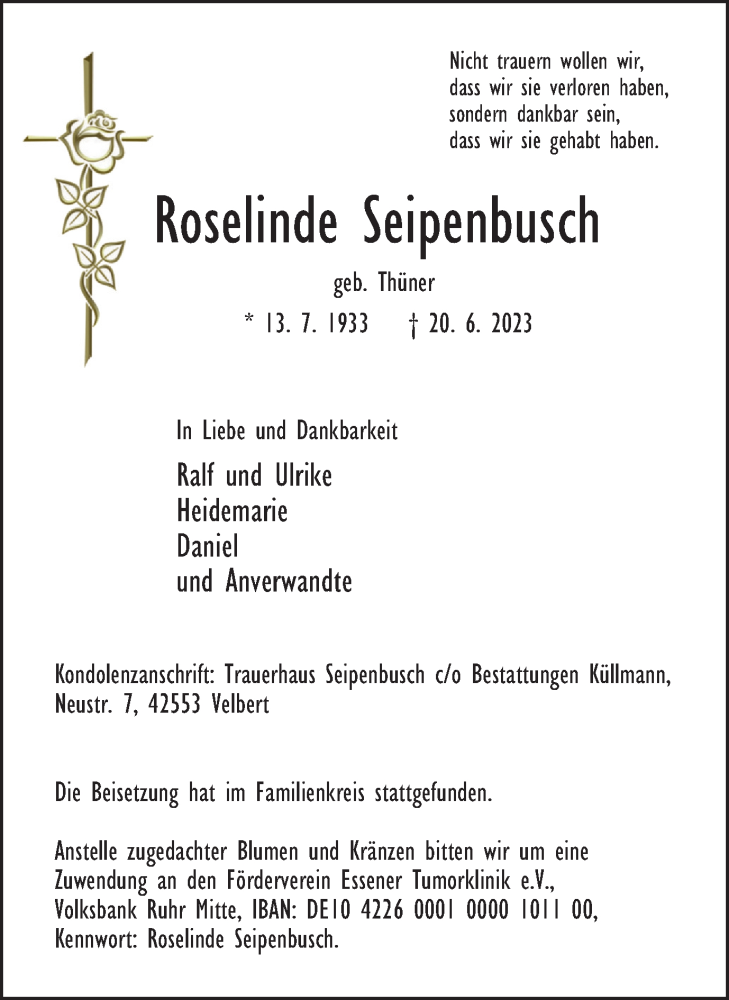  Traueranzeige für Roselinde Seipenbusch vom 01.07.2023 aus Tageszeitung