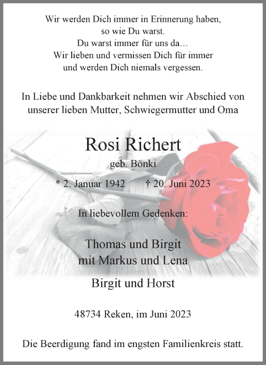 Traueranzeige von Rosi Richert von Tageszeitung