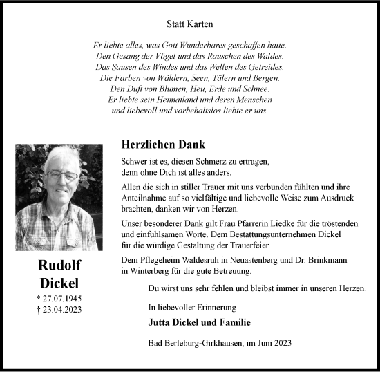Traueranzeige von Rudolf Dickel von Tageszeitung
