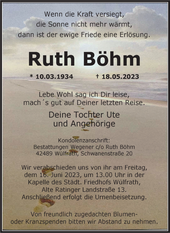 Traueranzeigen Von Ruth Böhm Trauer In Nrwde