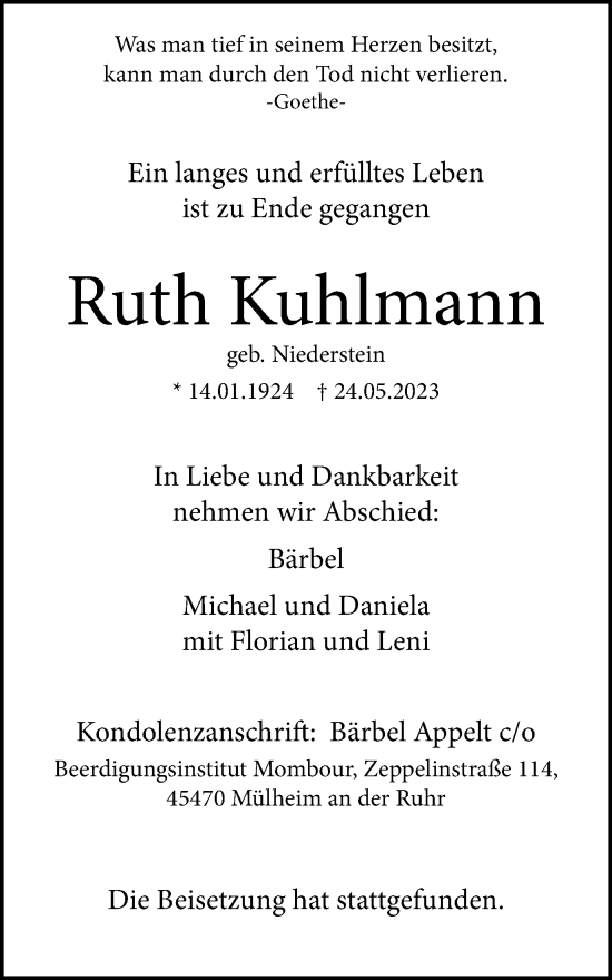 Traueranzeige von Ruth Kuhlmann von Tageszeitung