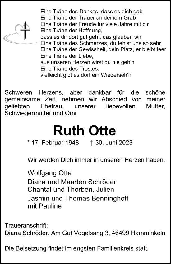 Traueranzeigen von Ruth Otte | Trauer-in-NRW.de