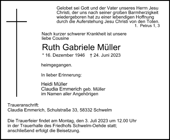 Traueranzeige von Ruth Gabriele Müller von Tageszeitung
