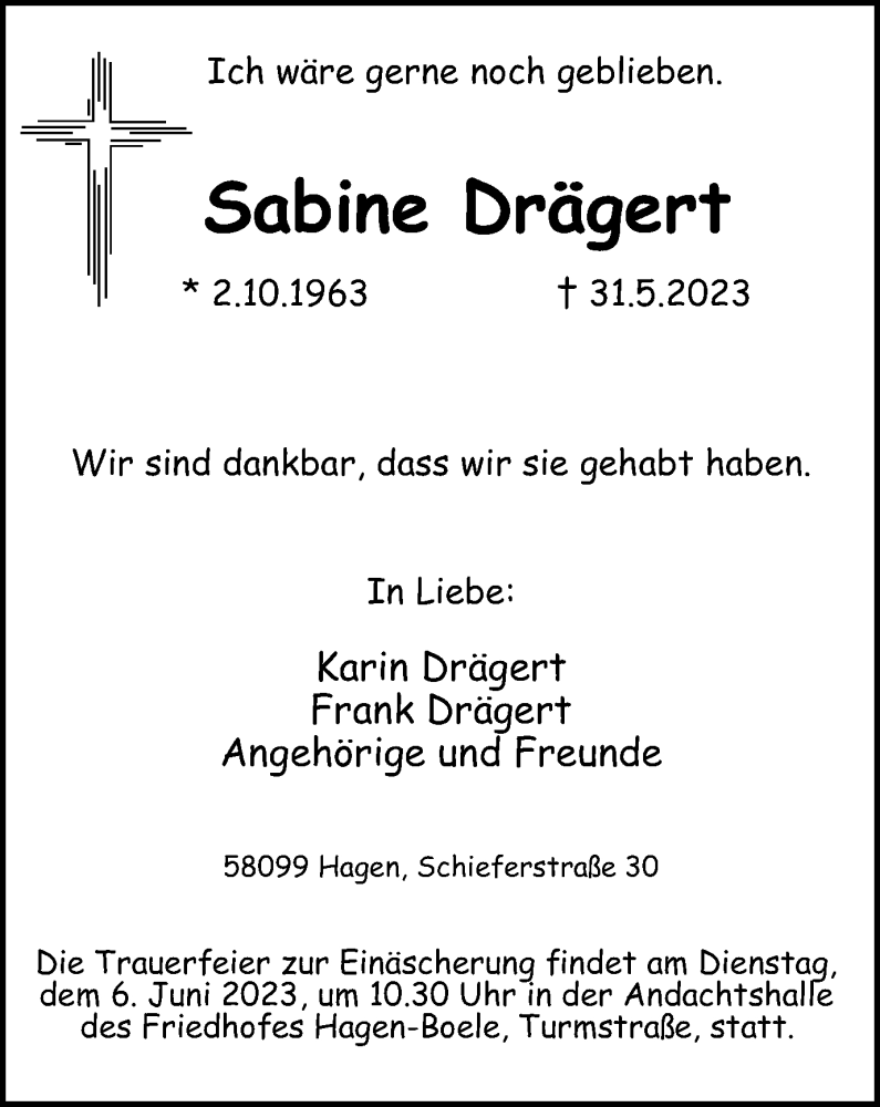 Traueranzeige für Sabine Drägert vom 03.06.2023 aus Tageszeitung