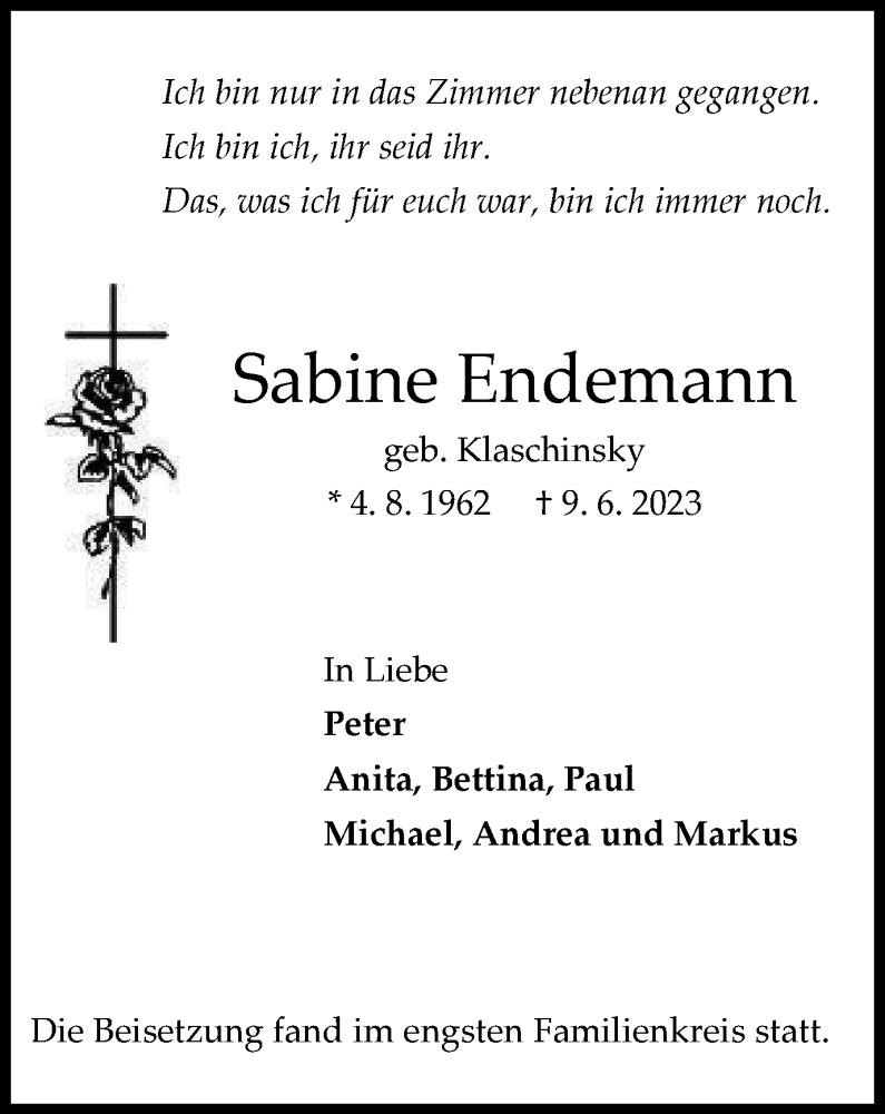  Traueranzeige für Sabine Endemann vom 28.06.2023 aus Tageszeitung