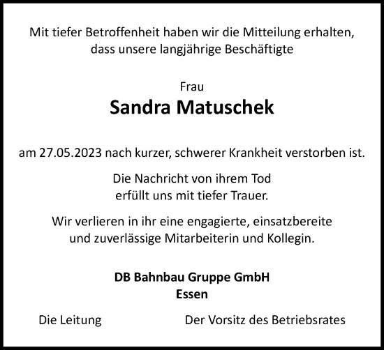 Traueranzeige von Sandra Matuschek von Tageszeitung