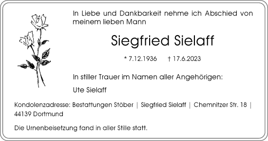 Traueranzeige von Siegfried Sielaff von Tageszeitung