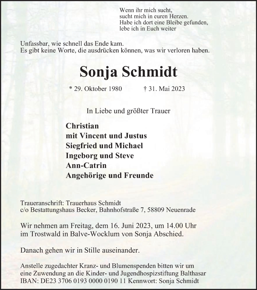 Traueranzeige für Sonja Schmidt vom 07.06.2023 aus Tageszeitung