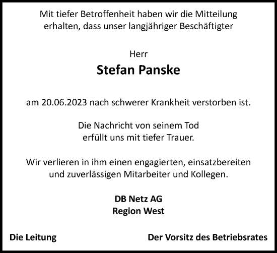 Traueranzeige von Stefan Panske von Tageszeitung