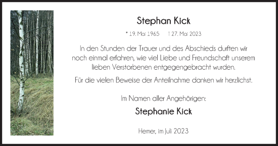 Traueranzeige von Stephan Kick von Tageszeitung