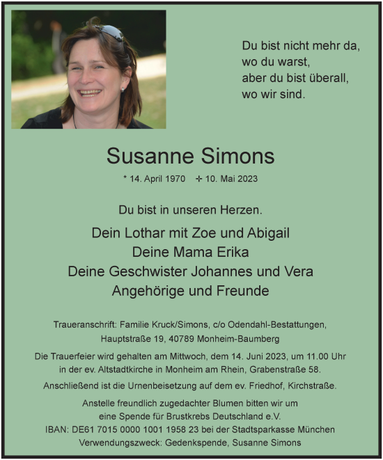 Traueranzeige von Susanne Simons von Tageszeitung