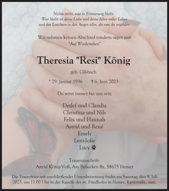 Traueranzeige von Theresia König von Tageszeitung