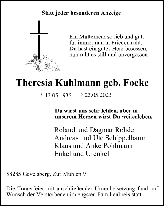 Traueranzeige von Theresia Kuhlmann von Tageszeitung