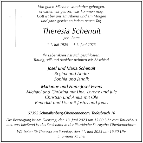 Traueranzeige von Theresia Schenuit von Tageszeitung