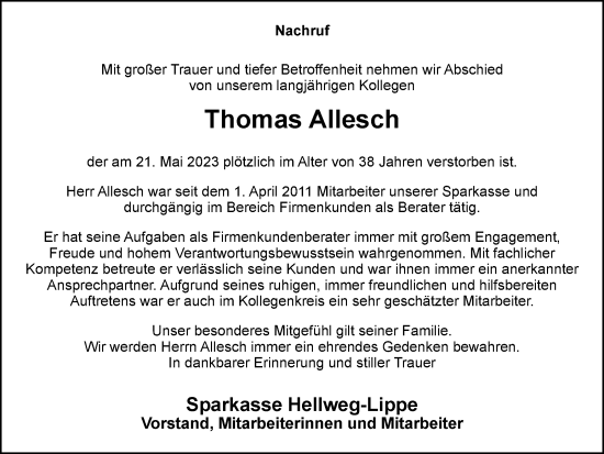 Traueranzeige von Thomas Allesch von Tageszeitung