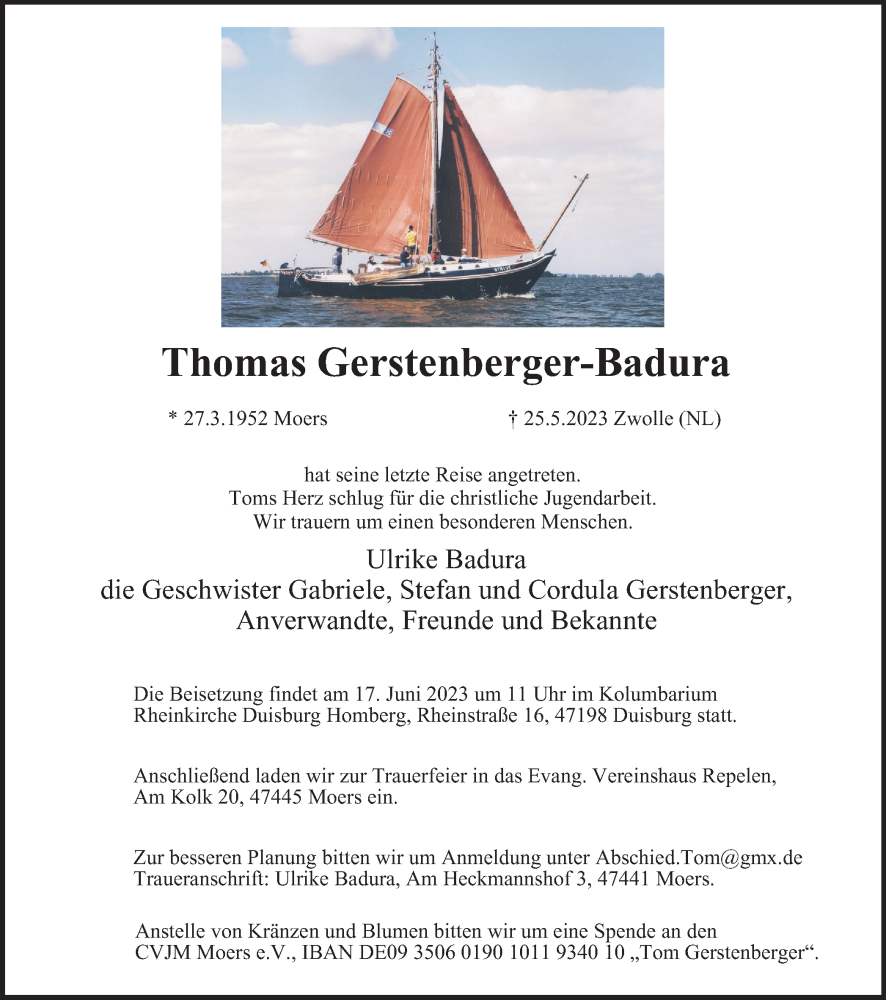  Traueranzeige für Thomas Gerstenberger-Badura vom 03.06.2023 aus Tageszeitung