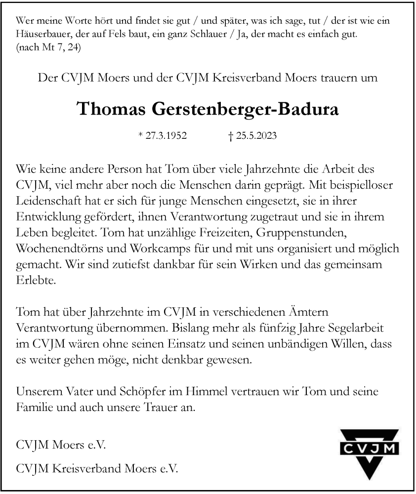  Traueranzeige für Thomas Gerstenberger-Badura vom 03.06.2023 aus Tageszeitung