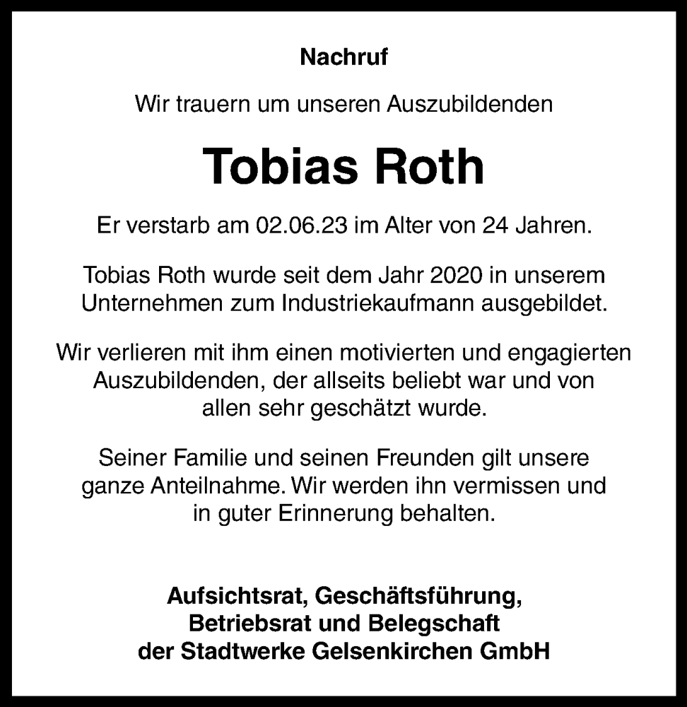  Traueranzeige für Tobias Roth vom 10.06.2023 aus Tageszeitung