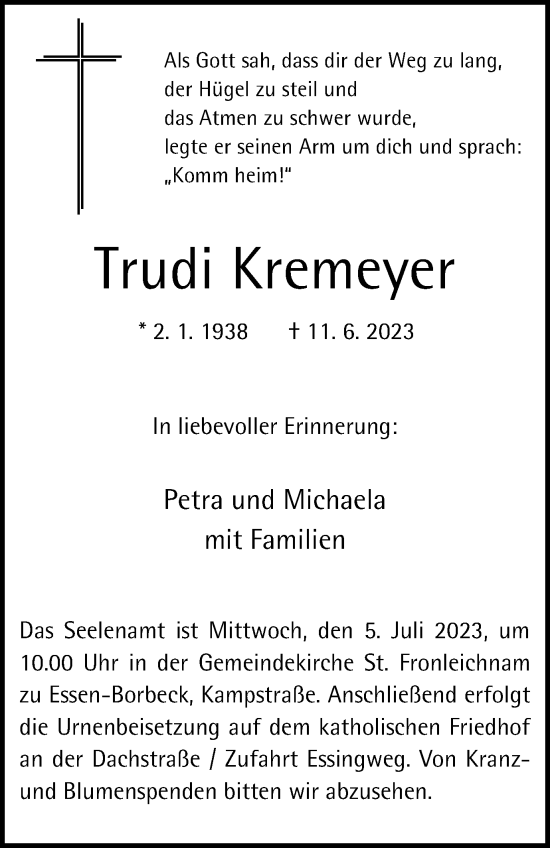 Traueranzeige von Trudi Kremeyer von Tageszeitung