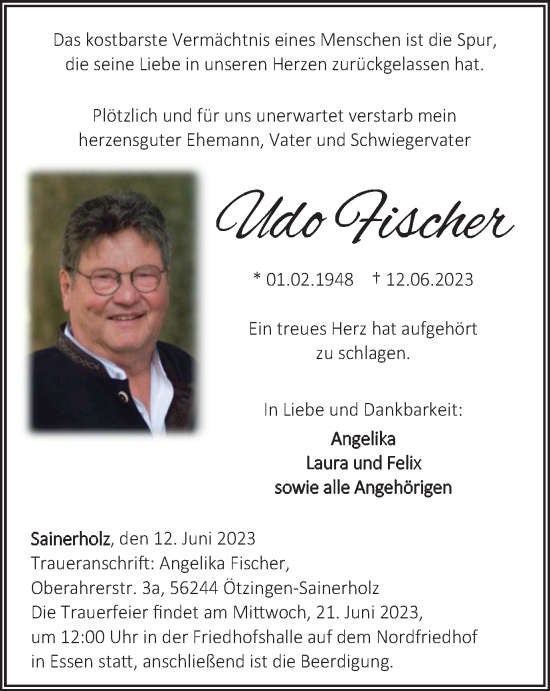 Traueranzeige von Udo Fischer von Tageszeitung