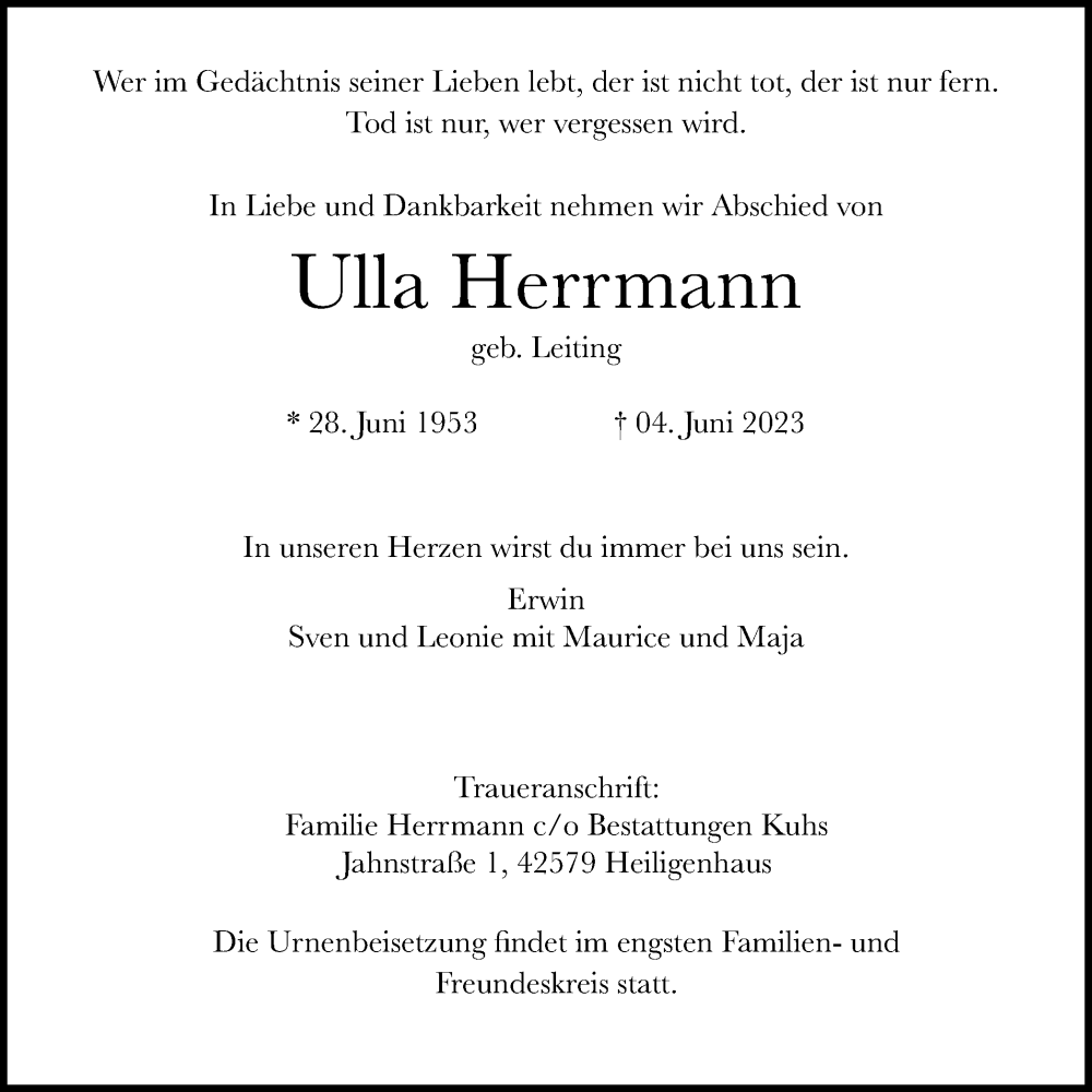  Traueranzeige für Ulla Herrmann vom 10.06.2023 aus Tageszeitung