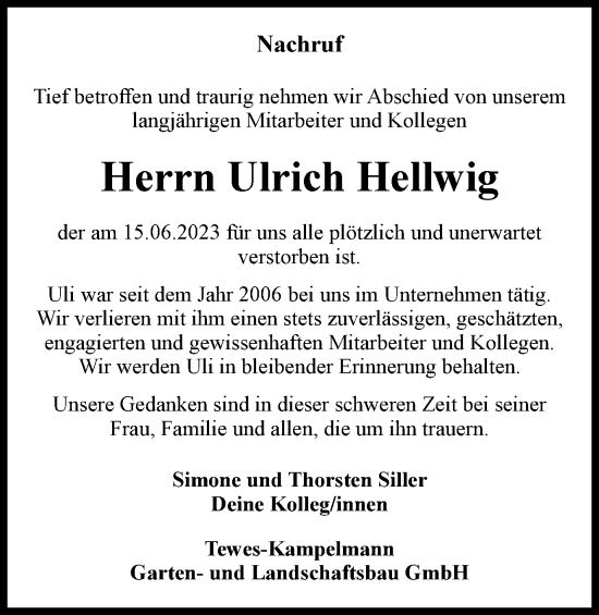 Traueranzeige von Ulrich Hellwig von Tageszeitung