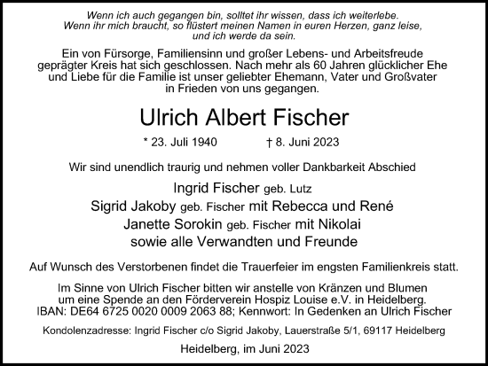 Traueranzeige von Ulrich Albert Fischer von Tageszeitung