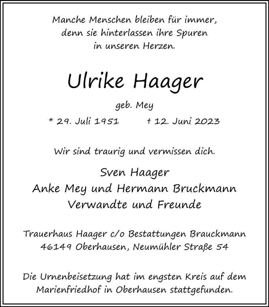  Traueranzeige für Ulrike Haager vom 01.07.2023 aus Tageszeitung