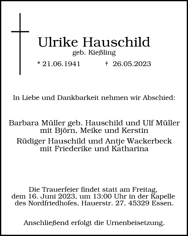  Traueranzeige für Ulrike Hauschild vom 10.06.2023 aus Tageszeitung