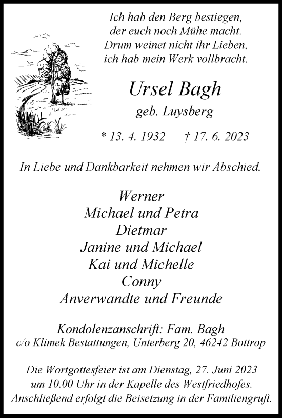 Traueranzeige von Ursel Bagh von ORA Anzeigenblätter